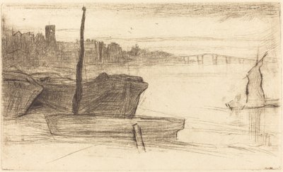 Chelsea Brug en Kerk, ca. 1870-1871 door James Abbott McNeill Whistler