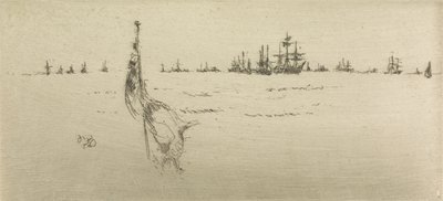 Het Strijken van de Vlag, uit een set van twaalf etsen getiteld De Marine Review, 1887 door James Abbott McNeill Whistler
