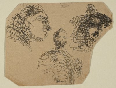 Twee vrouwelijke hoofden en staande figuur uit schetsen op de Coast Survey Plate, 1854-55 door James Abbott McNeill Whistler
