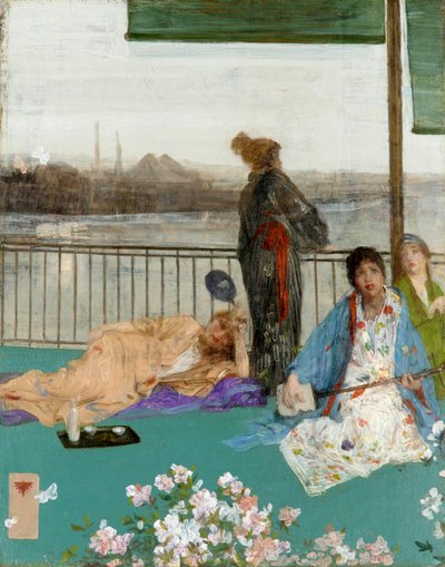 Variaties in vleeskleur en groen: Het balkon door James Abbott McNeill Whistler