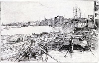 Uitzicht op de Theems, over het Londense bekken (Engeland), in 1859, behoort tot een serie gravures over de Theems, die de gemeenschap van maritieme arbeiders in de Engelse hoofdstad benadrukt door James Abbott McNeill Whistler