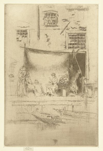 Vrouwen onder een zonnescherm op de kade door James Abbott McNeill Whistler