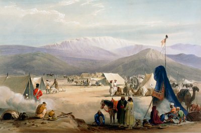Brits legerkamp bij Dadur bij de ingang van de Bolanpas, Eerste Anglo-Afghaanse Oorlog, 1838-1842 door James Atkinson