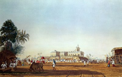 Lall Bazaar en de Portugese Kapel, Calcutta, gegraveerd door Robert Havell, gepubliceerd 1824 door James Baillie Fraser