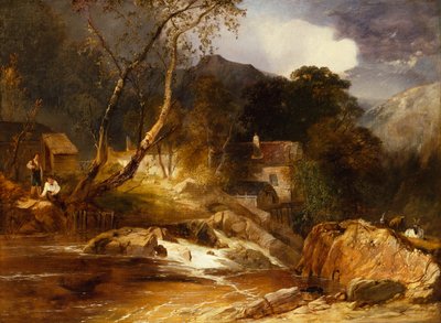 Jongens vissen bij een watermolen door James Baker Pyne