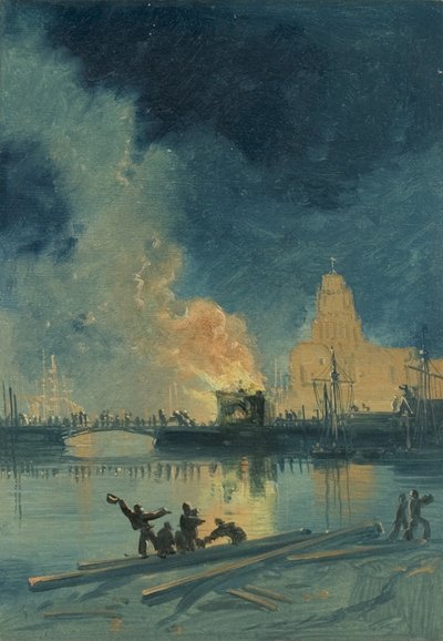 Bristol Riots: Brandend Tolhuis op Prince Street Bridge door James Baker Pyne