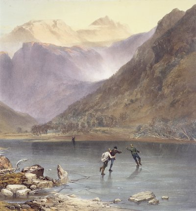 Brothers Water, detail van schaatsers, uit Het Engelse Merengebied door James Baker Pyne