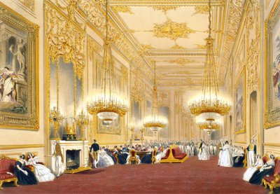 De grote ontvangstkamer - Staatsontvangst voor Zijne Majesteit Koning Louis-Philippe, 1838 door James Baker after Pyne