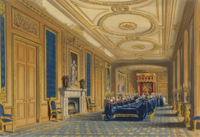 De troonzaal, Windsor Castle - De installatie van de Orde van de Kousenband, 1838 door James Baker after Pyne