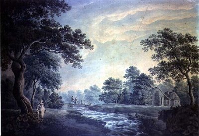 Landschap met stroom en brug door James Bayes