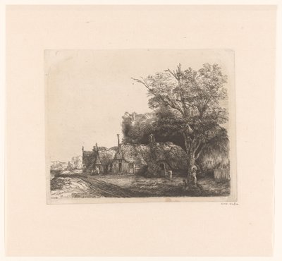 Landschap met drie huisjes met puntgevels langs een weg door James Bretherton