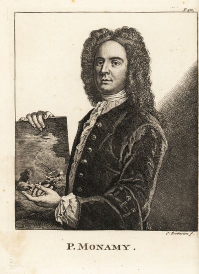 Portret van Peter Monamy, Engelse marineschilder met een maritiem tafereel door James Bretherton