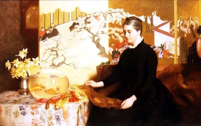 Dame met Japans scherm en goudvis (Portret van de moeder van de kunstenaar) door James Cadenhead