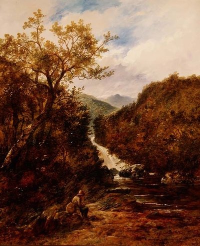 Visser bij een beboste waterval door James Charles Ward