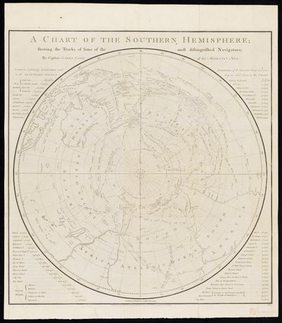 Een kaart van het zuidelijk halfrond; met de routes van enkele van de meest vooraanstaande ontdekkingsreizigers, door Kapitein James Cook, van Zijne Majesteits Marine door James Cook