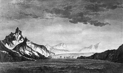 Landschap van Possession Bay op het eiland Zuid-Georgië, illustratie uit 