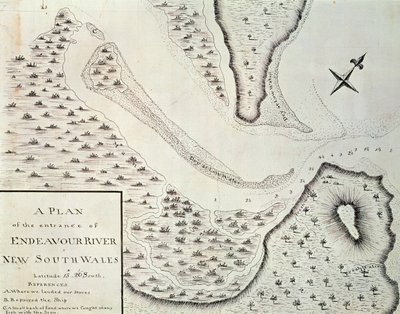 Kaart van de ingang van de Endeavour River, kaart uit verslag van de eerste reis onder leiding van James Cook (1728-1779) tussen 1768 en 1771, Australië door James Cook