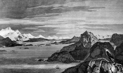 Uitzicht op Christmas Sound, Tierra del Fuego, tekening door William Hodges, gravure door William Watts, illustratie uit 