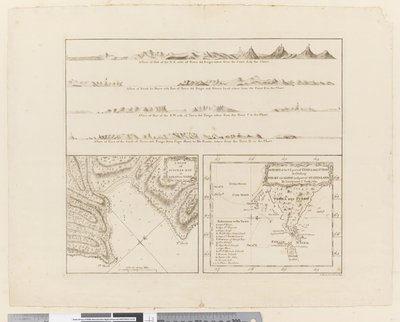 Vier profielen van de kust van Terra del Fuego, een plan van Success Bay in Straat le Maire, een kaart van het zuidoostelijke deel van Terra del Fuego, gegraveerd door T. Borven en J. Gibson door James Cook