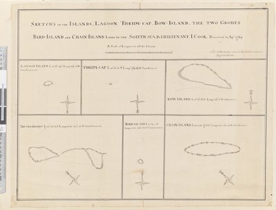 Schetsen van de eilanden Lagoon, Thrum-Cap, Bow-Island, de Twee Groepen, Bird Island en Chain Island, gelegen in de Zuidzee... ontdekt in april 1769 door James Cook