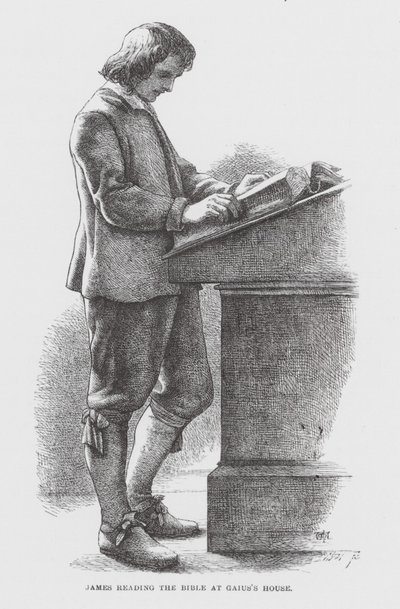 Jakobus leest de Bijbel in het huis van Gaius (gravure) door James Dawson Watson