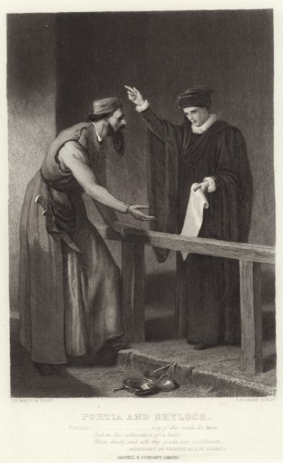 Portia en Shylock, Koopman van Venetië, Act IV, Scene I door James Dawson Watson