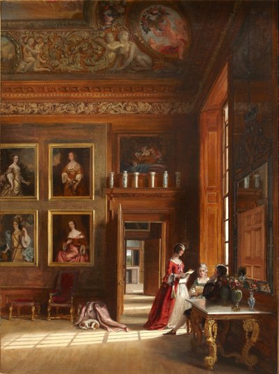 Een romantisch uitzicht op de grote slaapkamer van de koning met een groep mensen in 17e-eeuwse kostuums, ca. 1703-05 door James Digman Wingfield