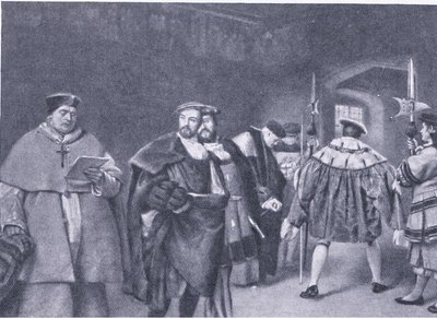 Ontslag van Kardinaal Wolsey door Koning Hendrik VIII, uit Cassells Geschiedenis van het Britse Volk gepubliceerd door de Waverley Book Company, ca. 1950s door James Dromgole Linton