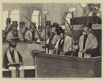 Het Loofhuttenfeest in de Noord-Londense synagoge, de lezer die de palm tak neemt door James Dromgole Linton