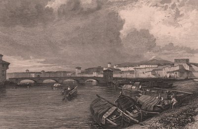 Uitzicht op de Arno-rivier in Pisa, Toscane, Italië, gravure door Thomas Higham naar tekening van James Duffield Harding door James Duffield Harding