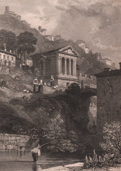 Uitzicht op de Tempel van Clitumnus langs de Clitunno-rivier door James Duffield Harding