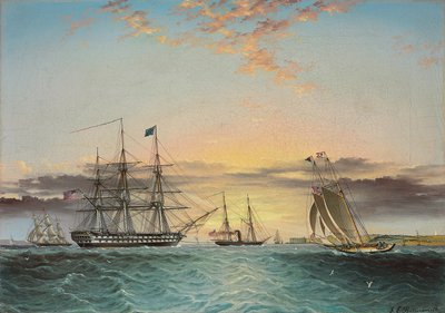 De U.S.S. Ohio op sleeptouw in de Lower Bay, New York met een uitzicht op Fort Hamilton door James E. Buttersworth