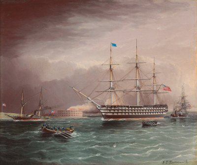 De U.S.S. Pennsylvania op sleeptouw bij het uitbreken van de Amerikaanse Burgeroorlog met Fort Monroe op de achtergrond door James E. Buttersworth