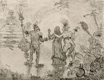 Les diables Dzitts et Hihanox conduisant le Christ aux enfers door James Sidney Ensor
