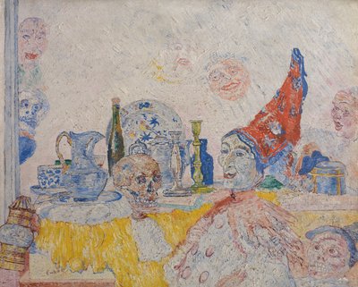 Pierrot en skelet in een gele mantel door James Ensor
