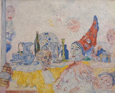 Pierrot en skelet in gele mantel door James Ensor