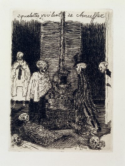 Skeletten proberen zichzelf op te warmen door James Ensor
