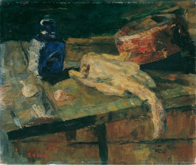 Stilleven met blauwe fles en geplukte kip door James Ensor