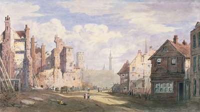 Sloop van oude huizen bij Walbrook voor de aanleg van King William Street, City of London, 1834 door James Fahey