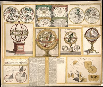 Verzameling van negen afbeeldingen waaronder astronomische instrumenten, hemelkaarten en een wereldkaart. LOC 2013593153 door James Ferguson