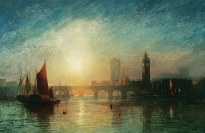 Uitzicht op Westminster Bridge en de Houses of Parliament, met hooiboot en andere schepen op de voorgrond door James Francis Danby