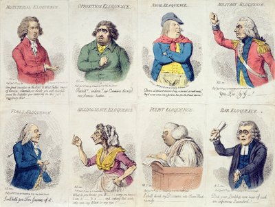 8 vignetten die welsprekendheid uitbeelden, gepubliceerd door Hannah Humphrey in 1795 door James Gillray