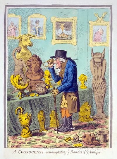 Een Cognocenti die de Schoonheden van het Antiek Overweegt, gepubliceerd door Hannah Humphrey, 11 februari 1801 door James Gillray