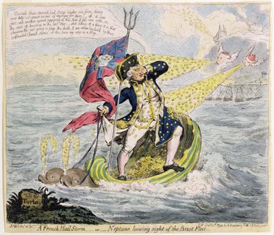 Een Franse Hagelstorm, of Neptunus die de Brest Vloot uit het oog verliest, gepubliceerd door Hannah Humphrey in 1793 door James Gillray