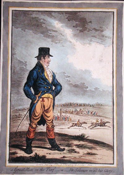 Een groot man op de renbaan, of Sir Solomon in al zijn glorie! gepubliceerd door Hannah Humphrey in 1803 door James Gillray