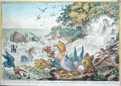 Een grote storm uit een kleine fontein, of John Bull overspoeld in de vloed van nieuwe belastingen: aalscholvers vissen in de stroom, uitgegeven door Hannah Humphrey in 1806 door James Gillray