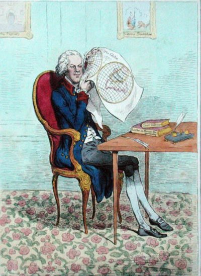 Een scherpziende politicus ontdekt de Britse veroveringen, gepubliceerd door Hannah Humphrey in 1795 door James Gillray