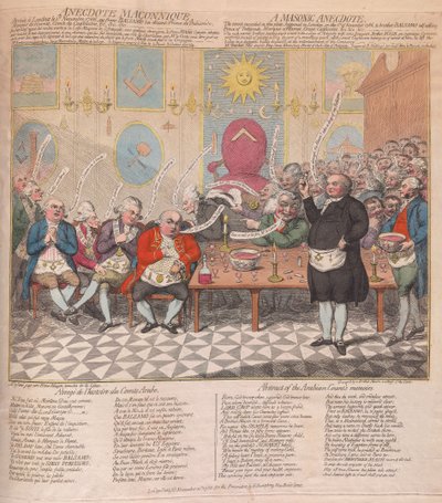 Een vrijmetselaarsanekdote, uitgegeven 1786 door James Gillray