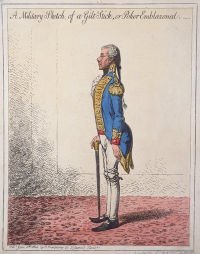 Een militaire schets van een vergulde stok, of een poker met wapenschild, gepubliceerd door Hannah Humphrey in 1800 door James Gillray