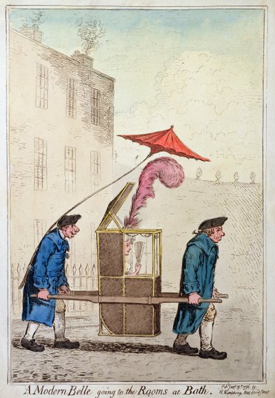 Een moderne Belle op weg naar de kamers in Bath, gepubliceerd door Hannah Humphrey in 1796 door James Gillray